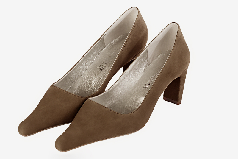 Chocolate brown women's dress pumps,with a square neckline. Pointed toe. Medium comma heels. Front view - Florence KOOIJMAN